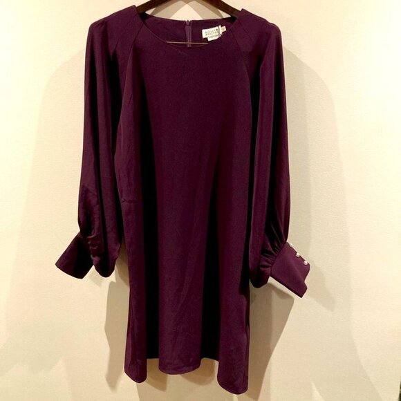 MOLLY BRACKEN Sz L Balloon Puffy Sleeve Pearl Button Midi Wine Colour Dress - Picture 2 of 9